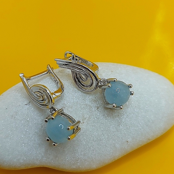 Natural Aquamarine 7mm 14K White Gold on 925 Sterling Silver Earrings - Picture 6 of 6